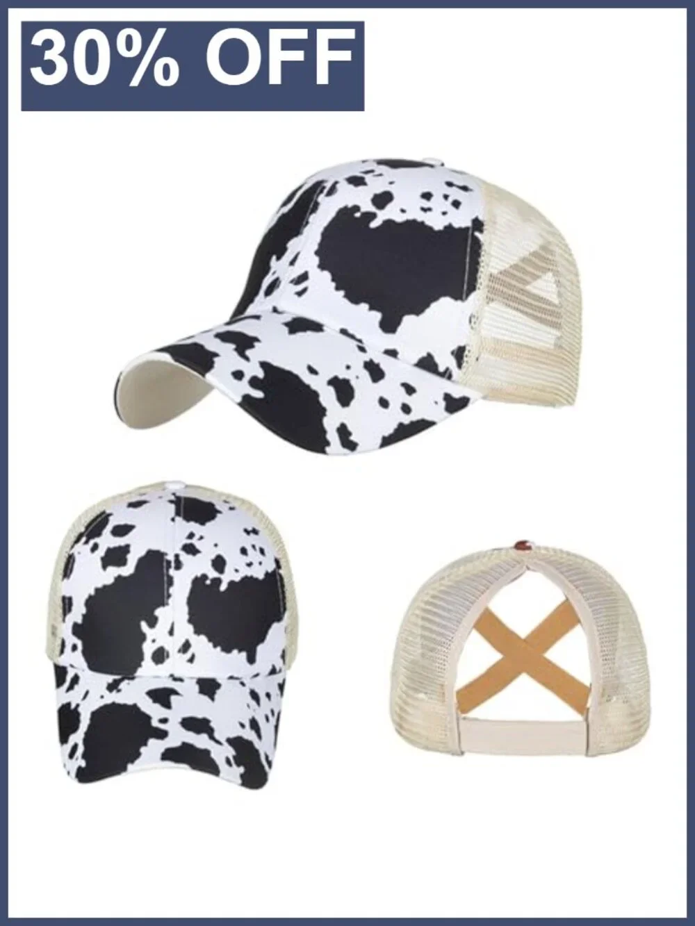 Unisex Adjustable Ponytail Baseball Cap Breathable Mesh Cotton Cow Print
